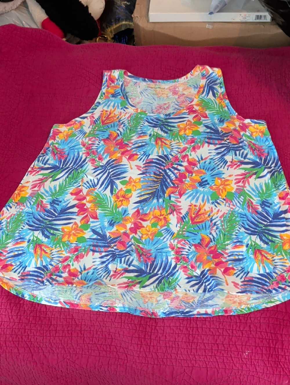 Woman Within Tropical Floral Tank Top - Blue, Green, Pink & Yellow Sz 18/20